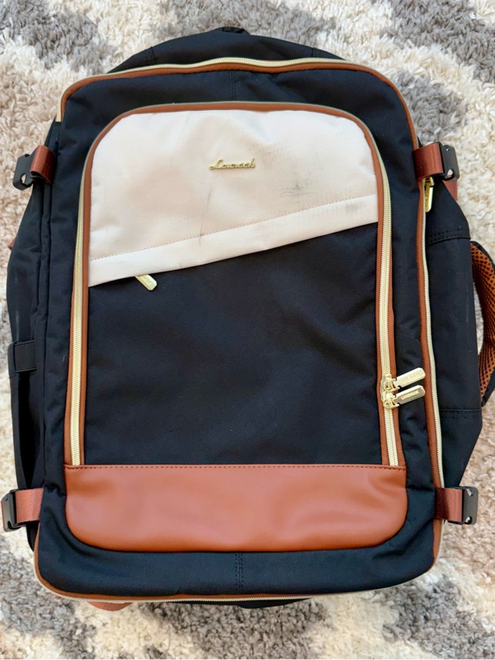 Black and White Travel Backpack with Brown Trim - Premium Organizer - Picture 4 of 7